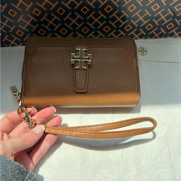 Tory Burch Plaque Wallet Wristlet Bark Gold Tan Brown - Picture 10 of 15